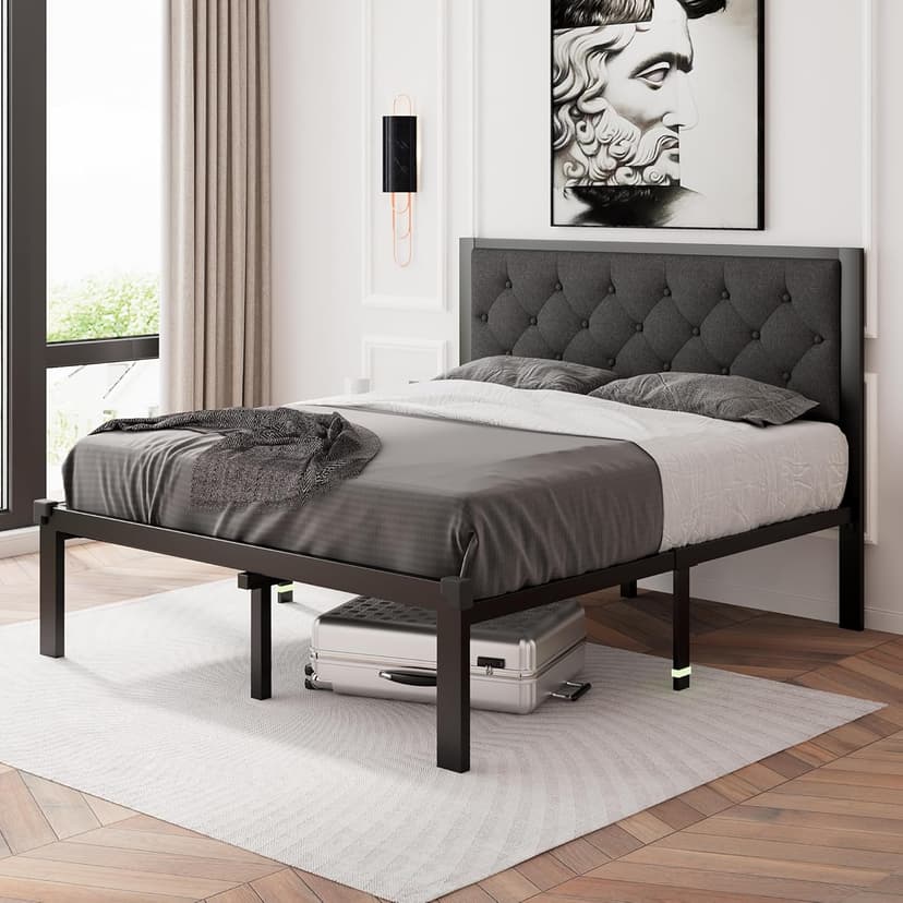 Feonase Full Size Metal Bed Frame, Heavy-Duty Platform Bed Frame with Linen Upholstered Headboard, 12" Storage Space, Steel Slats Support, No Box Spring Needed, Gray