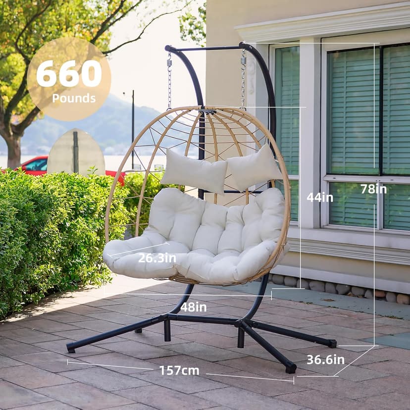 Easyego Double Egg Chair, 2-Person Hammock Chair with Stand, 660LBS Capacity, Thick Padded Cushion, UV Resistant PE Rattan Wicker, Indoor/Outdoor for Garden, Patio, Lawn, Bedroom, Balcony (Beige)