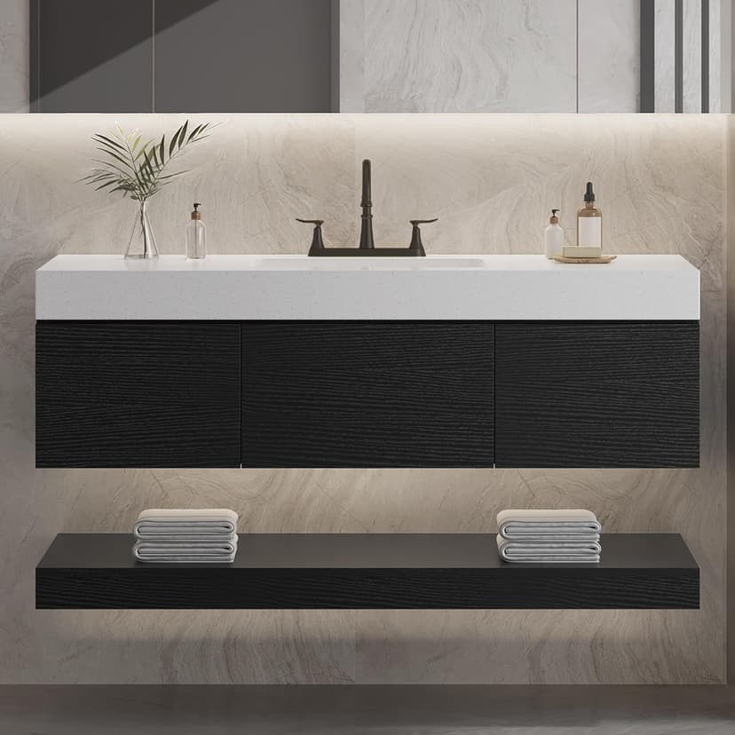 YITAHOME 48 Inch Floating Vanity with 3 Drawers, Wall Mounted Bathroom Vanity with White Quartz Countertop & Oak Veneer, Big Space Storage for Modern Bathroom, Black