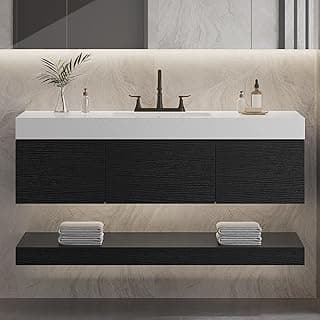 YITAHOME 48 Inch Floating Vanity with 3 Drawers, Wall Mounted Bathroom Vanity with White Quartz Countertop & Oak Veneer, Big Space Storage for Modern Bathroom, Black