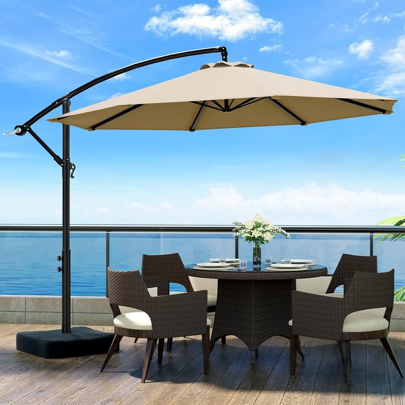 10ft Patio Umbrella with Base Included, Outdoor Offset Cantilever Umbrella w/Upgraded Yarn-dyed Fabric Shade, Sturdy 8 Rids, Easy Tilt Adjustment, for Pool Deck Porch Backyard Garden,Beige