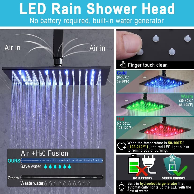 HOMEDEC 12inch Rain Shower System with Full Body Jets Sprays, Ceiling LED Brass Shower Faucet Set with 3 Functions Thermostatic Valve, Can Use All Function At Once