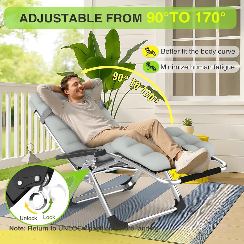 Suteck Zero Gravity Chair, Reclining Camping Lounge Chair w/Removable Cushion, Upgraded Lock and Cup Holder, Reclining Patio Chairs Folding Recliner for Indoor and Outdoor