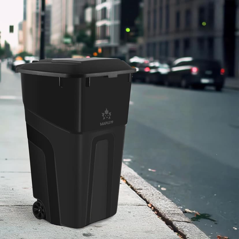 Trash Can With Lid - Ultimate Strength 32 Gallon Wheeled Garbage Can Trash Container - Professional Grade Outdoor Waste Bin with Secure Snap Lid and Ergonomic Handles, Outdoor Recycling Bins, 2 Pack