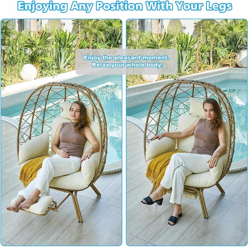 Wicker Egg Chair with Footrest & Cushions - Oversized 450lb Capacity Boho Wicker Egg Chair with Ottoman for Indoor/Outdoor - Beige Rattan Lounge Seat for Patio, Balcony, Garden, Home