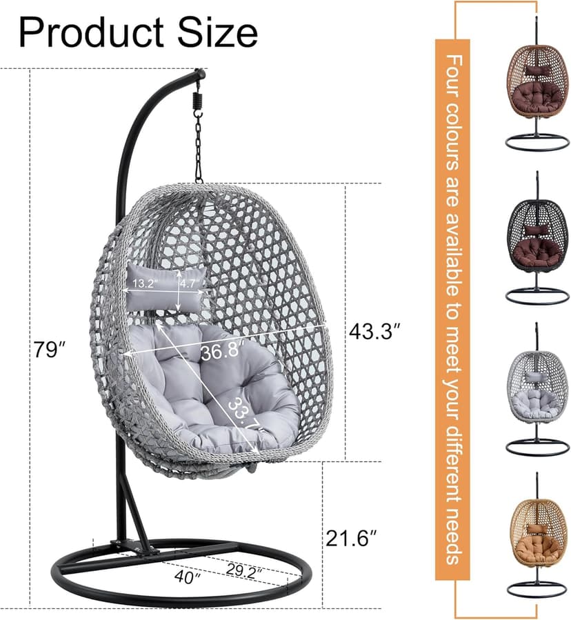 Egg Swing Chair Outdoor with Stand, Hanging Egg Rattan Basket Chair with Cushion and Pillow, Lounge Chairs, Foldable Basket and Metal Stand for Porch, Patio, Bedroom, Balcony,Yard (Grey)