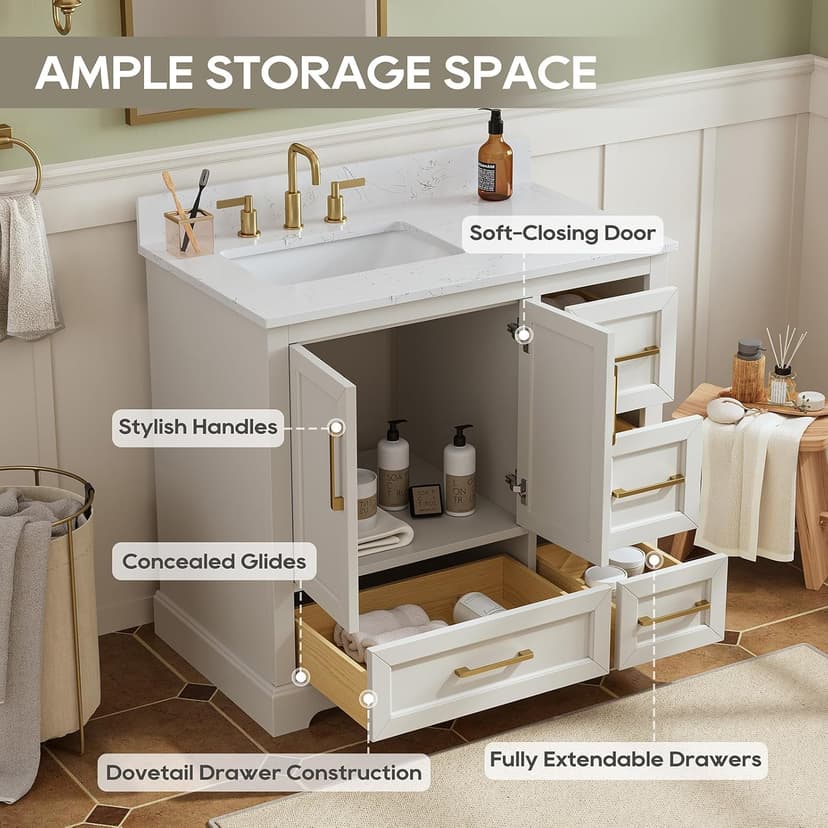 36 Inch Bathroom Vanity with Sink, Solid Wood Frame with Engineered Marble Top, Fully Assembled Storage Cabinet with 2 Soft-Closing Doors & 4 Drawers, Backspalsh, Greige