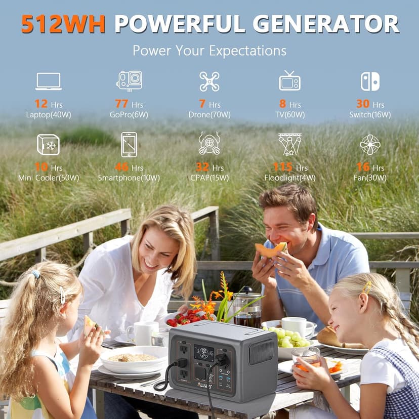 ALLWEI Portable Power Station 500W, 512Wh LiFePO4 Battery, UPS Function, 2.5Hrs Fast Charge, 3 AC Outlets(Surge 1000W), Solar Generator for Outdoor Camping RV CPAP Home Emergency