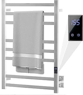 8-Bar Heated Towel Rack - Slim Design, Quick Heating, Adjustable Temperature, 24-Hour Timer - Brushed Stainless Steel - Ideal for Hot Towels in Bathroom