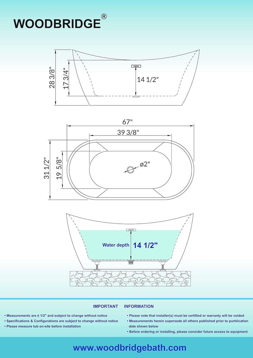 WOODBRIDGE 67" Acrylic Freestanding Bathtub Contemporary Soaking White Tub with Brushed Gold Overflow and Drain，B0010-BG