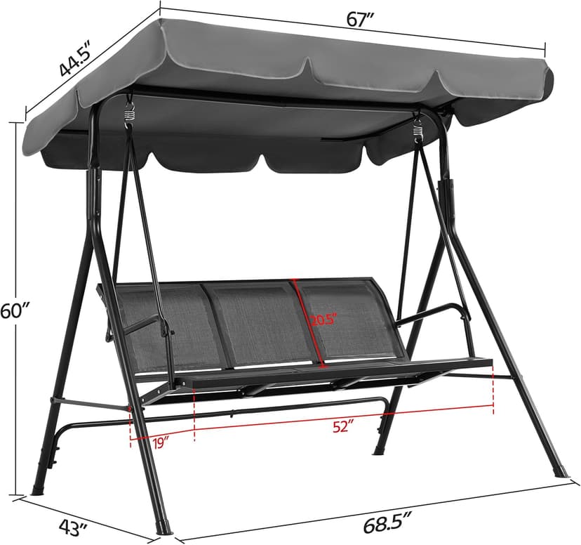 Yaheetech Outdoor Patio Swing Chair, 3-Seat Patio Sunset Hanging Swing Glider w/Adjustable Canopy & Texteline Fabric & Armrests, Outdoor Love Seat Bench for Patio/Garden/Yard/Porch, Gray