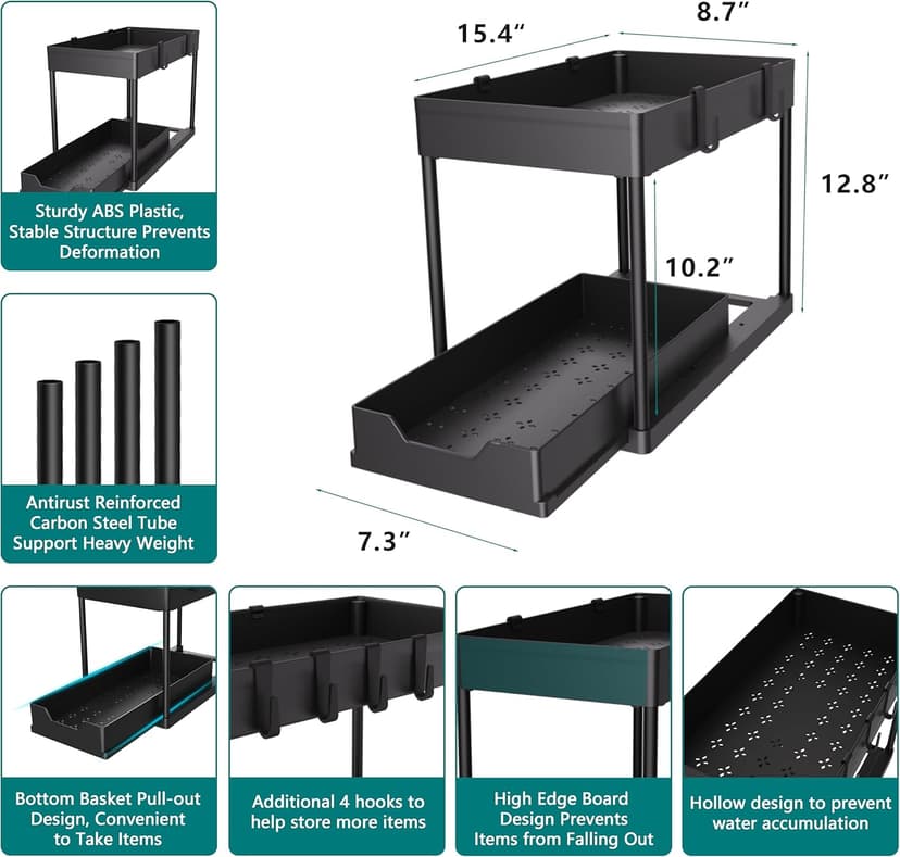2 Pack Under Sink Organizer, 2 Tier Bathroom Cabinet Organizer with Sliding Basket, Multi-Purpose Under Sink Organizers and Storage for Bathroom Kitchen