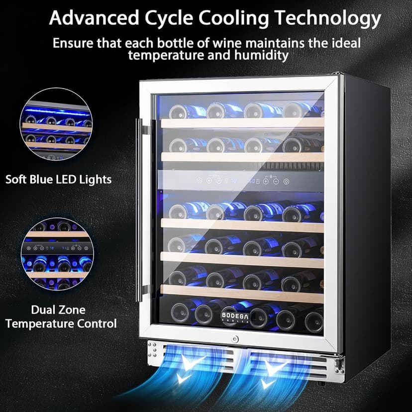BODEGA 24 Inch Wine Cooler Refrigerator, 46 Bottle Dual Zone Wine Fridge with Double-Layer Tempered Glass Door,wine refrigerator with Temperature Memory Function, Built-in or Freestanding wine cooler.