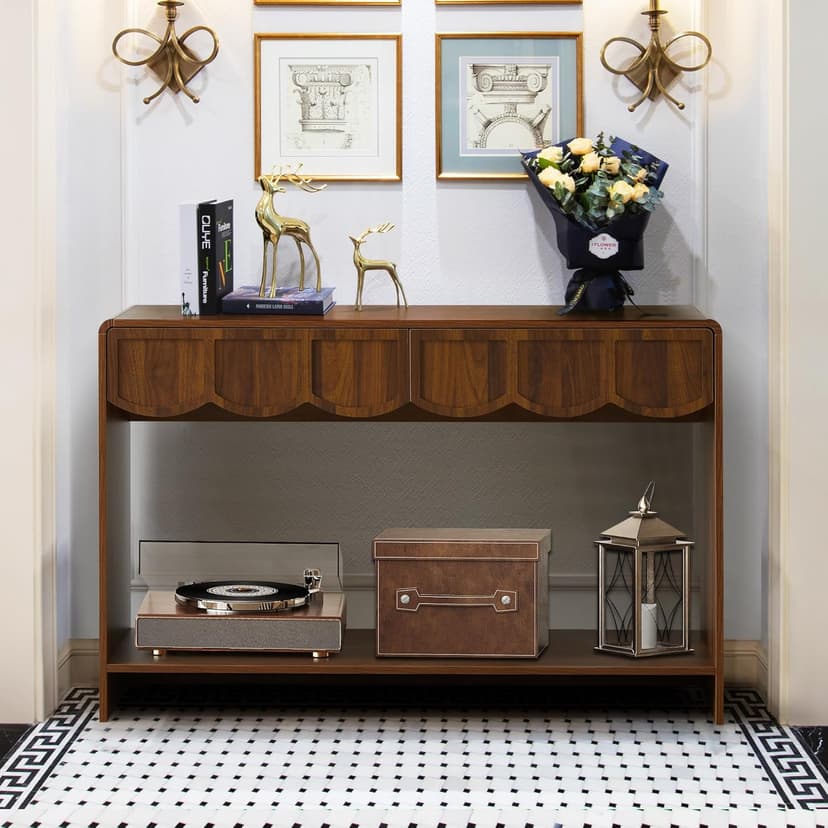 Console Table with Drawers, Mid-Century 43 Inches Narrow Entryway Tables with Open Storage Shelves, Hallway Accent Tables Behind Couch Table for Living Room - Walnut