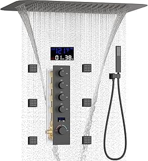 AYIVG Matte Black Thermostatic Rainfall Full Body Shower System With 2 In 1 Waterfall Rainfall Ceiling Mount 16 X 24 Inch Rain Shower Head 6 Jets Temperature Display Shower Faucet Set