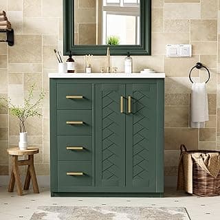 Merax 30'' Bathroom Vanity with Ceramic Sink Combo, Solid Wood Frame Bathroom Storage Cabinet, Freestanding Vanity Set with 3 Drawers& Soft Closing Doors, Green