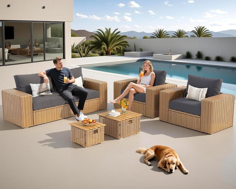 AMERLIFE 6-Piece Patio Sofa Set with Convertible Coffee Table - 8.3" Wide Armrests, UV-Resistant PE Rattan Outdoor Conversation Set for Balcony/Poolside, Waterproof Grey Cushions, Heavy-Duty Wicker