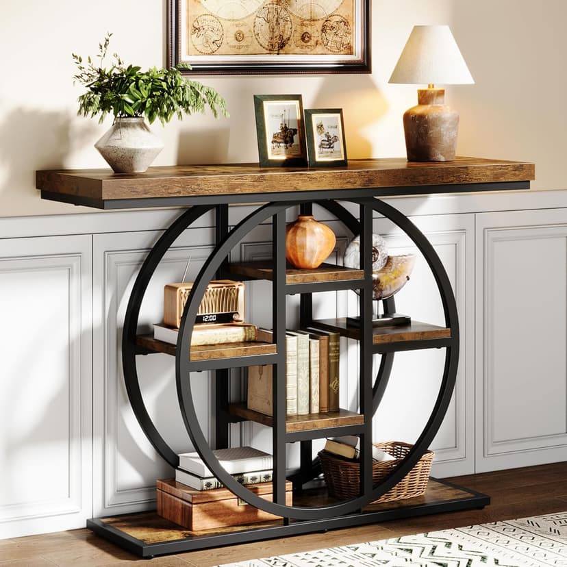 41" Console Table for Entryway, 4-Tier Industrial Narrow Wood Sofa Accent Tables with Circle Storage Shelves for Living Room, Hallway, Foyer (Rustic Brown)