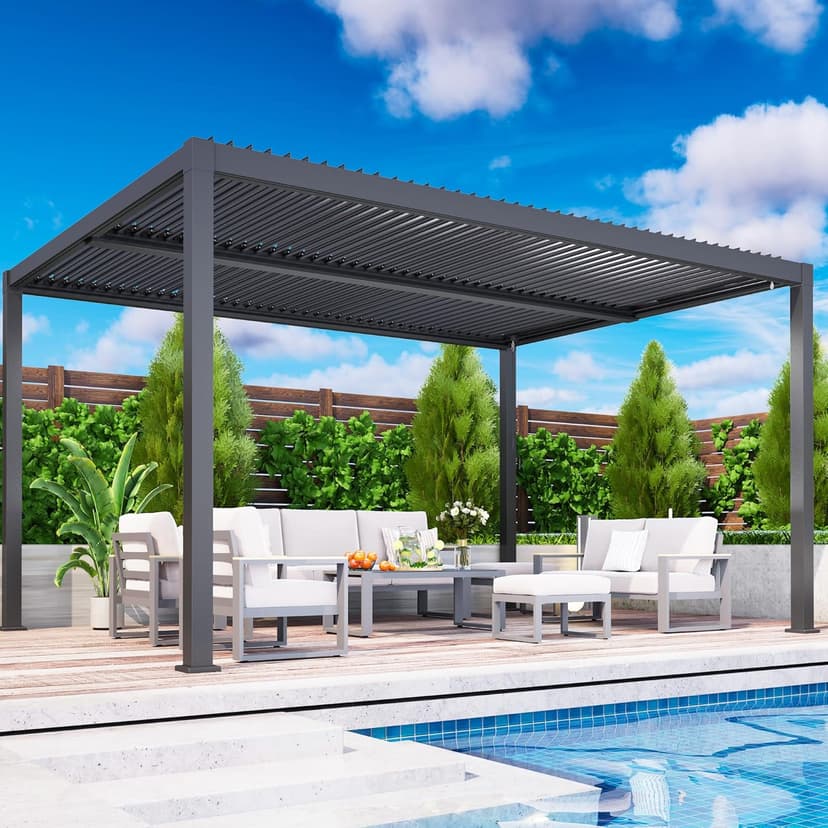 Louvered Pergola 12'x16', Full Aluminum Outdoor Pergola with Adjustable Proof and Gutter System, Metal Hardtop Gazebo for Patio, Deck, Garden, Yard, Black