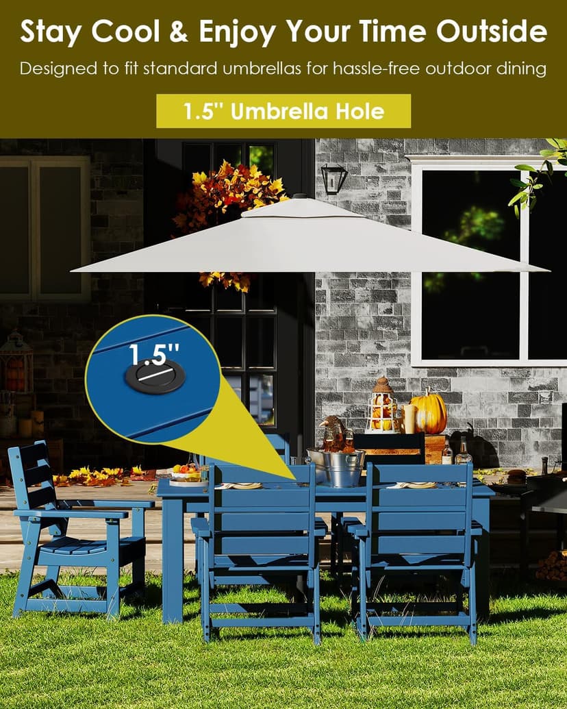 GREENVINES 7-Piece Outdoor Dining Set | HDPE | Patio Table and Chairs Sets for 6 | Patio Furniture | All Weather | Umbrella Hole | Blue| for Backyard Poolside Garden