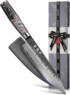 Japanese Chef Knife, 8 Inch Damascus Kitchen Knife with VG10 Steel Core, Professional Black Forged Kitchen Knives with Ergonomic Handle, Leather Sheath & Luxury Gift Box, Birthday Gifts for Men Women