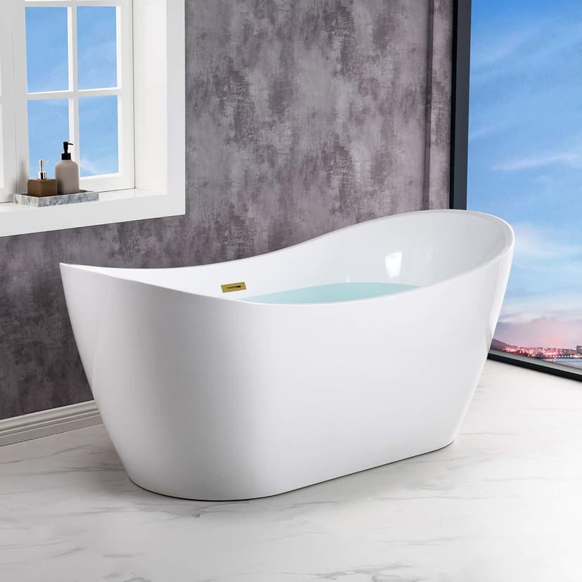WOODBRIDGE 67" Acrylic Freestanding Bathtub Contemporary Soaking White Tub with Brushed Gold Overflow and Drain，B0010-BG