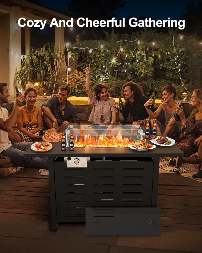 44" Outdoor Propane Fire Pit Table, 48,000 Btu Lp Gas Rectangular Fire Table with Ignition Systems and Lid,Outdoor Firetable with Glass Rocks for Patio Deck Garden Backyard