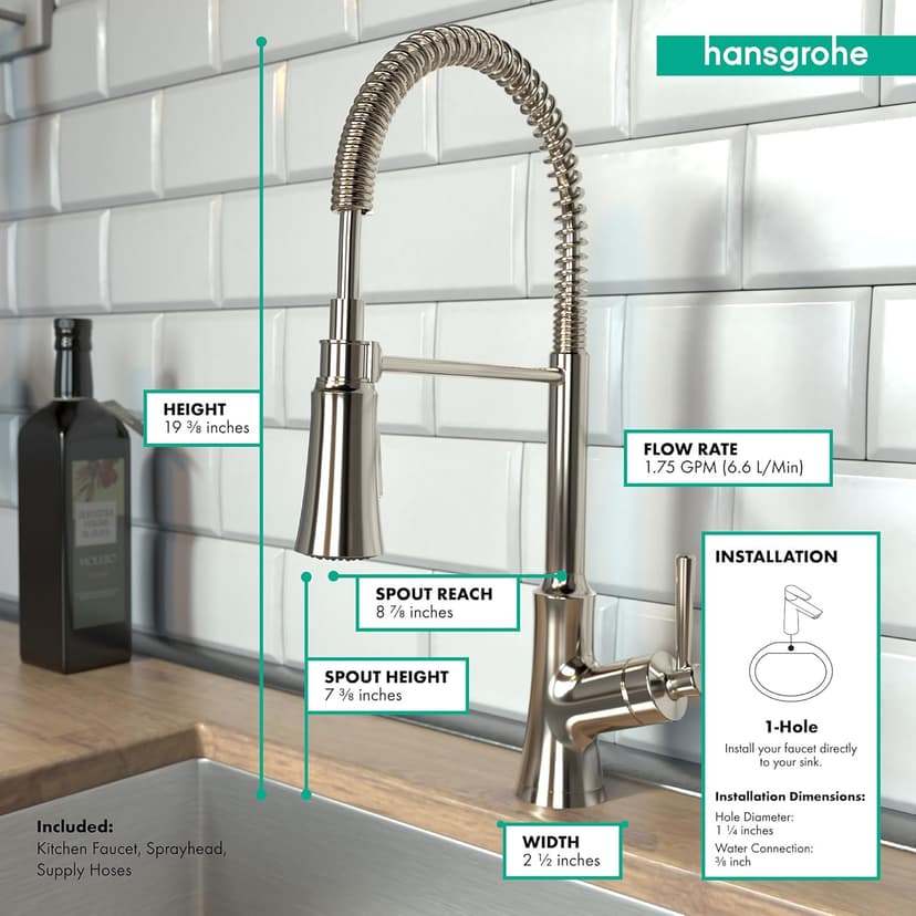 hansgrohe Joleena Brushed Nickel Commercial Kitchen Faucet, Kitchen Faucets with Pull Down Sprayer, Faucet for Kitchen Sink, Polished Nickel 04792830 19.3-Inches Tall