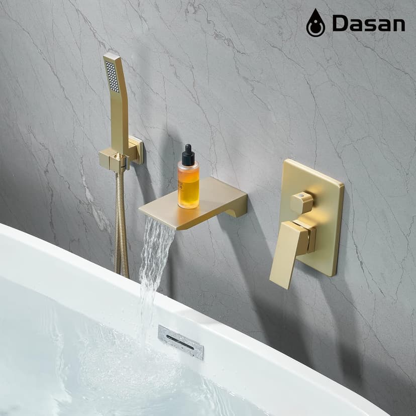 DASAN Waterfall Tub Filler Faucet Wall Mount with Hand Shower, Modern Wall Mounted Bathtub Faucet Brushed Gold Tub Faucet with High Flow Rough in Valve, SA-TF01WH-BG