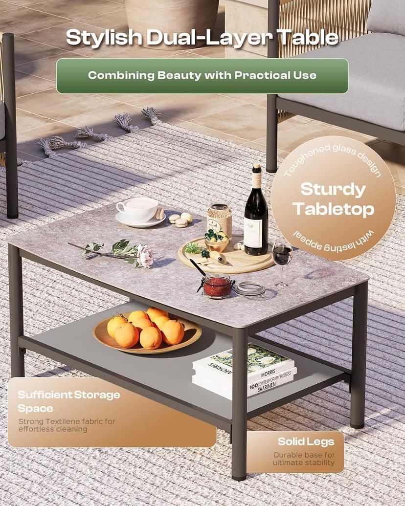 Aluminum Outdoor Patio Furniture Set, HDPE Rope 5 Piece Modern Sectional Conversation Sets with Dual-Layer Coffee Table, All Weather Patio Couch Sofa with Thick Cushions, Gray Frame, Gray