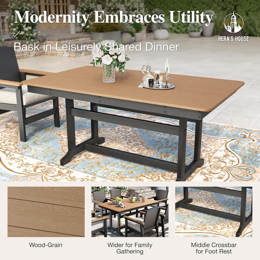 HERA'S HOUSE Patio Table and Chairs Set 7-Piece, HDPE Outdoor Dining Furniture Set with Cushions, All-Weather Wood Grain Table & Wicker Chairs for Backyard, Garden, Deck (Durable & Low Maintenance)