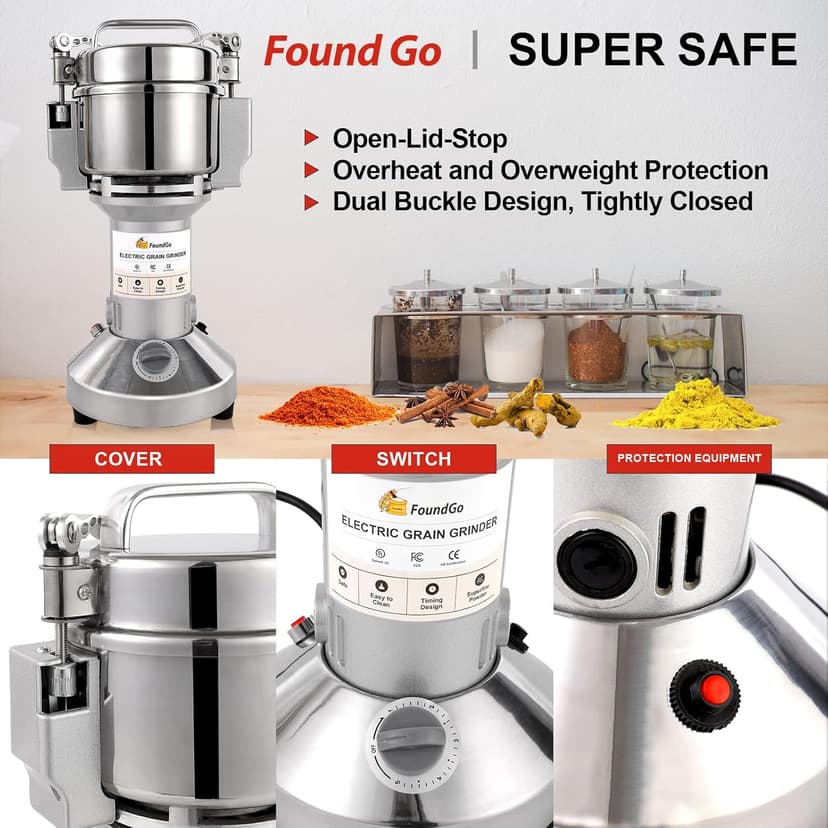 FoundGo Electric Grain Mill 10.6oz/300g Commercial Grain Grinder Stainless Steel Powder Grinding Machine 25,000rpm Pulverizer for Spice/Coffee/Flour/Pepper/Herb Superfine (300g, Standing)