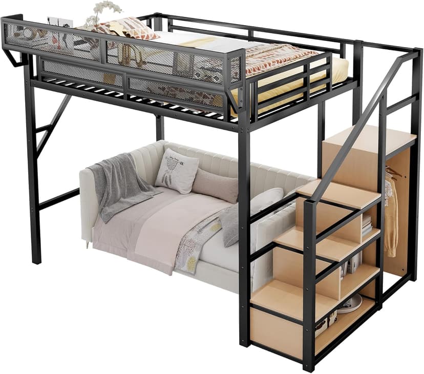Full Size Loft Bed with Stairs and Storage, Metal Loft Bed Frame with Bedside Shelf and Large Under-Bed Space, Heavy-Duty Bed for Adults Teens and Kids, Black
