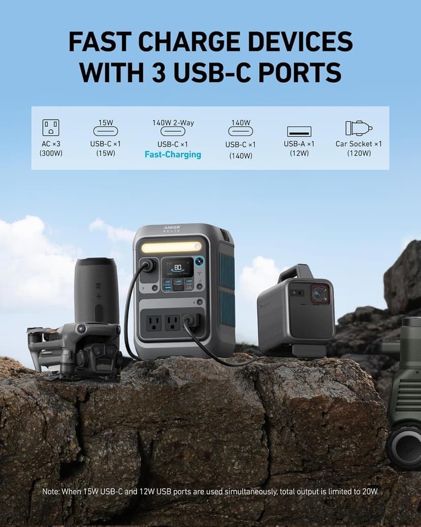 Anker Solar Generator SOLIX C300 with 60W Solar Panel, 288Wh Portable Power Station, 300W (600W Surge), LiFePO4 Battery, 140W Two-Way Fast Charging, for Outdoor Camping, Traveling, and Emergencies