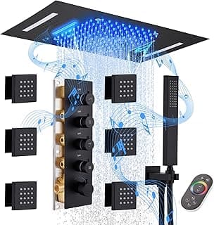 MONDAWE 23" Full Body Thermostatic Shower Jets System, 64-Color LED Music Waterfall Rainfall Luxury Shower Head System with 6 Spray Jets, Ceiling Mount Rain Shower Faucet Set, Matte Black