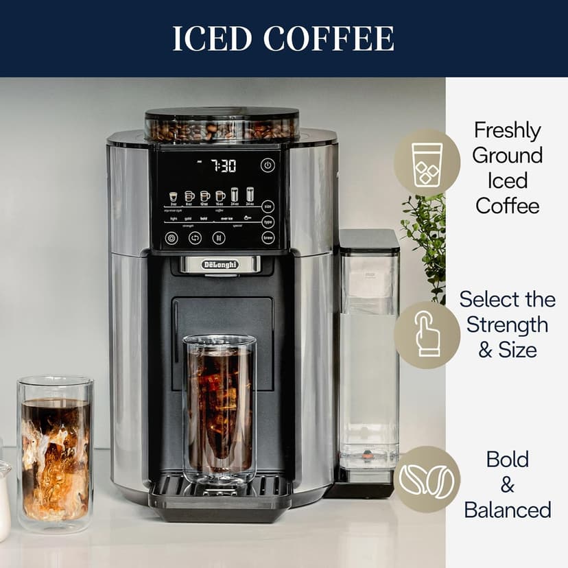 De'Longhi True Brew Drip Coffee Maker, Built in Grinder, Single Serve, 8 oz to 24 oz, Hot or Iced Coffee, Stainless, CAM51025MB