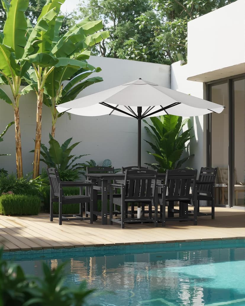 HDPE Outdoor Dining Set, 7 Piece Patio Table and Chairs Set with 2" Umbrella Hole, All Weather Patio Furniture for 6 Person in Garden, Backyard, Deck | Matte Black