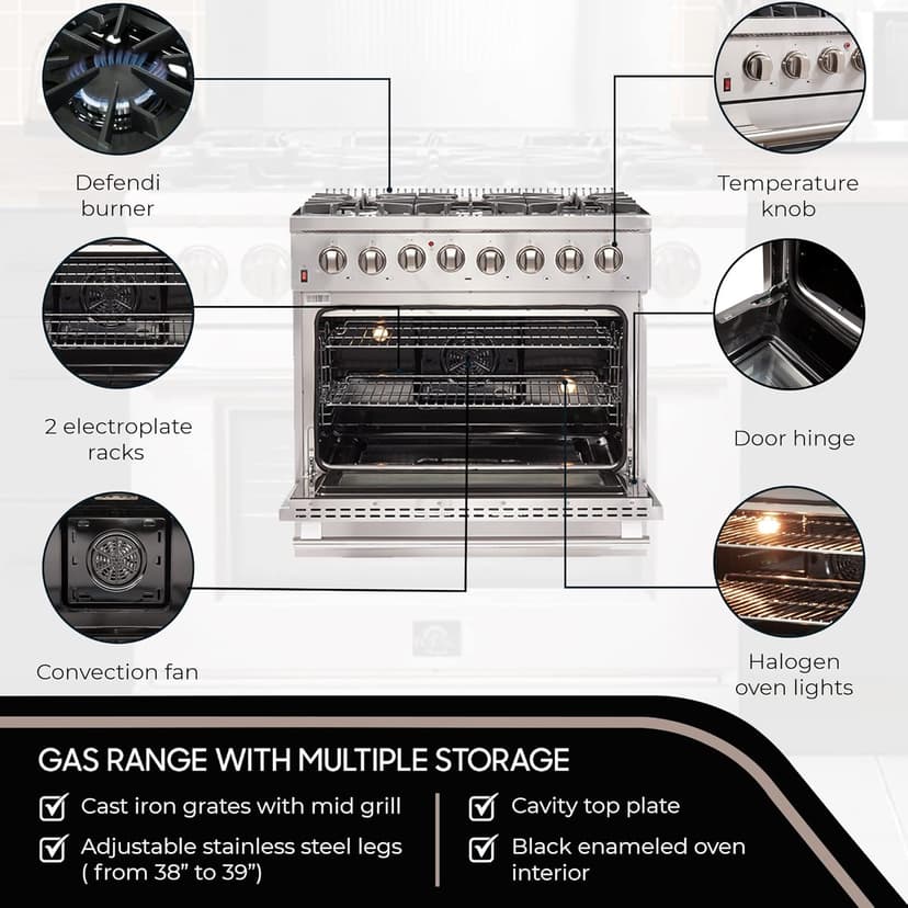 FORNO Galiano Dual Fuel 36" Inch. Freestanding Range 6 Sealed Brass Burners Cooktop - 5.36 Cu. Ft. Convection Electric Oven - Stainless Steel Stove Range Heavy Duty Cast Iron Grates