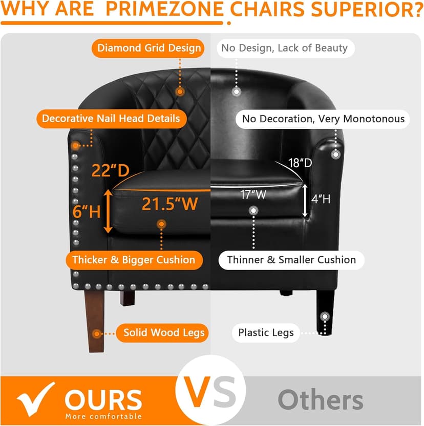 PrimeZone Barrel Chair Set of 2, Comfy Accent Chair, Faux Leather Living Room Chairs Club Chair with Cushion, Nailhead Trim and Diamond Grid Backrest, Reading Chair for Bedroom Waiting Room, Black