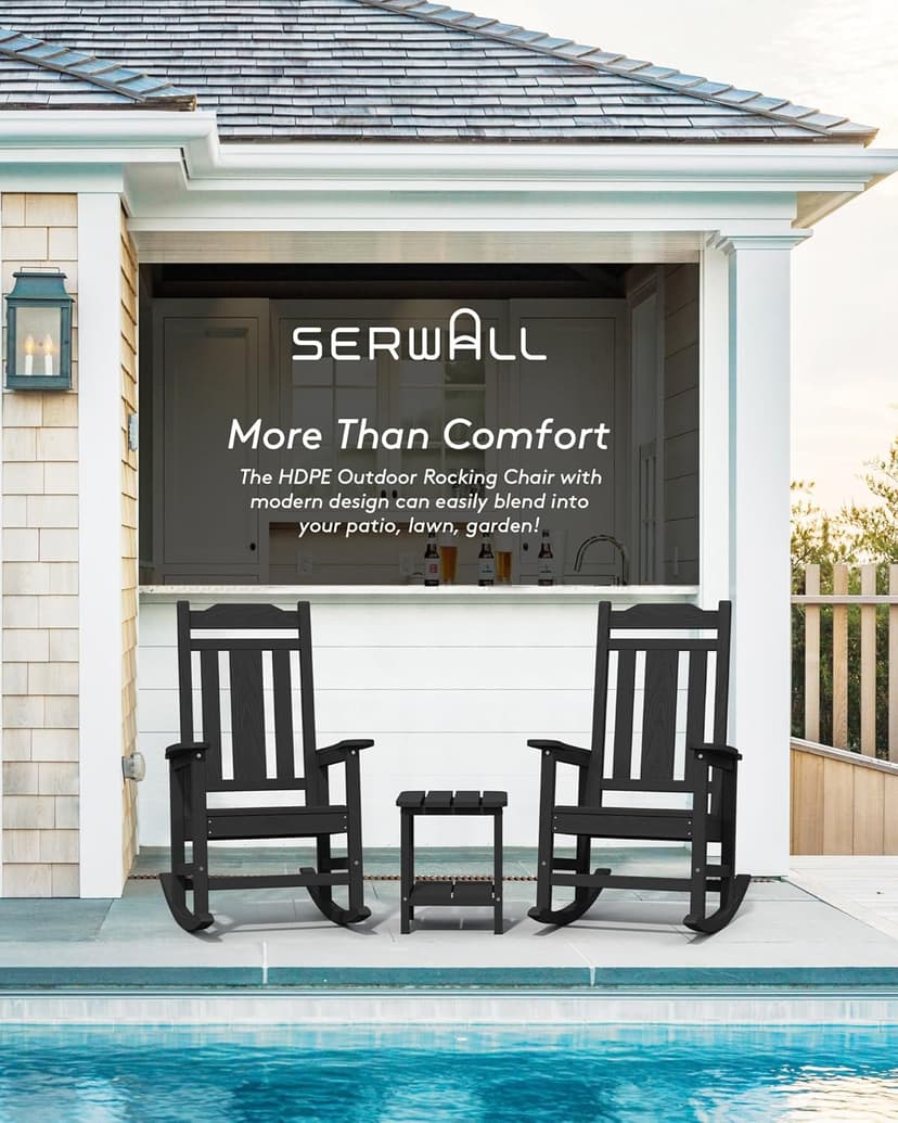 SERWALL Black Outdoor Rocking Chair Set of 2, All Weather Patio Rocking Chair, HDPE Poly Rocking Chair for Adults, Heavy Duty Front Porch Rocker