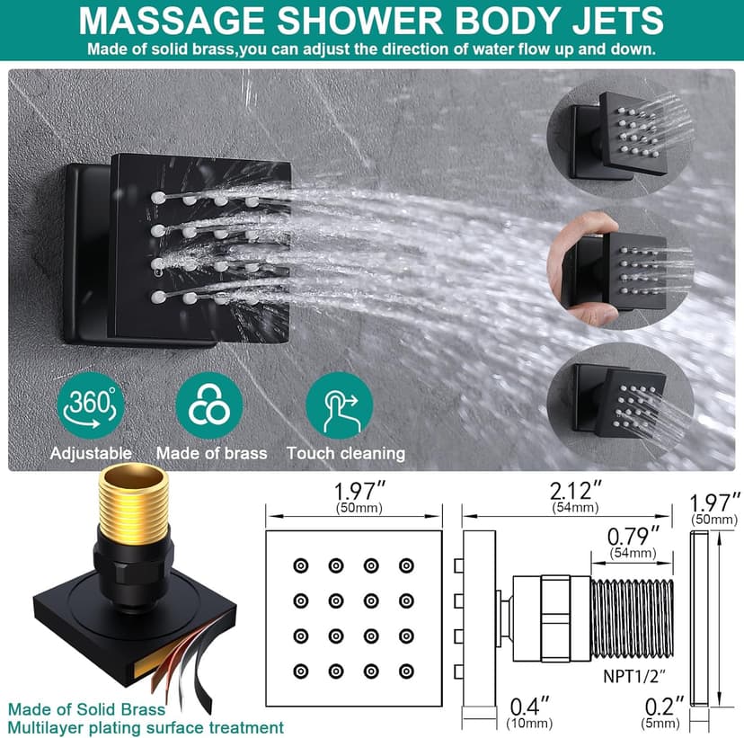 HOMEDEC Double Shower Heads Full Body Shower System with 6pcs Body Jets, 3-in-1 Function 14x20inch and 6inch Showerheads, Rainfall Shower System, Black