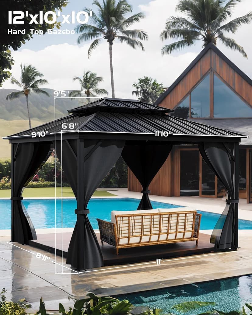 Hardtop Gazebo 10'x12' for All Weather, with Waterproof Double Metal Roof, Aluminum Alloy Frame, Net, and Curtain, Permanent Building for Patio, Deck, Backyard, Lawn, and Garden, Gray