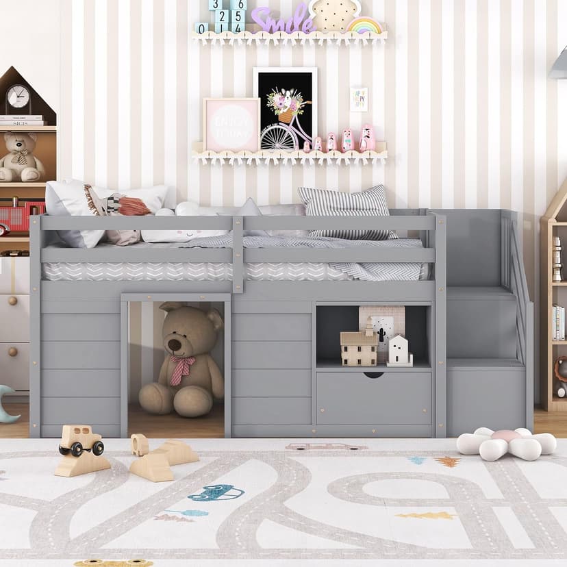 Bellemave Twin Size Low loft Bed for Kids,Wood Loft Beds,Modern Farmhouse Twin loft Bed,Loft Bed with Storage, No Box Spring Needed,for Kids,Gray
