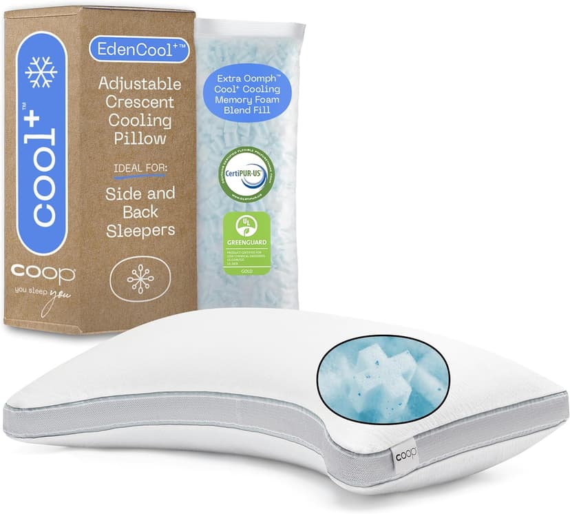Coop Home Goods Cool+ Crescent Adjustable Pillow, Queen Size Plus Shaped Memory Foam Pillows with Cooling Gel, Neck Support, Back or Side Sleeper Pillow, CertiPUR US/GREENGUARD Gold