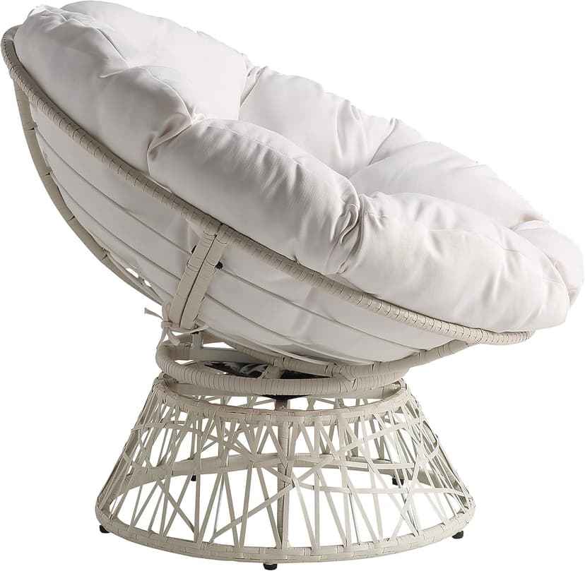 OSP Home Furnishings Wicker Papasan Chair with 360-Degree Swivel, White Frame with White Cushion