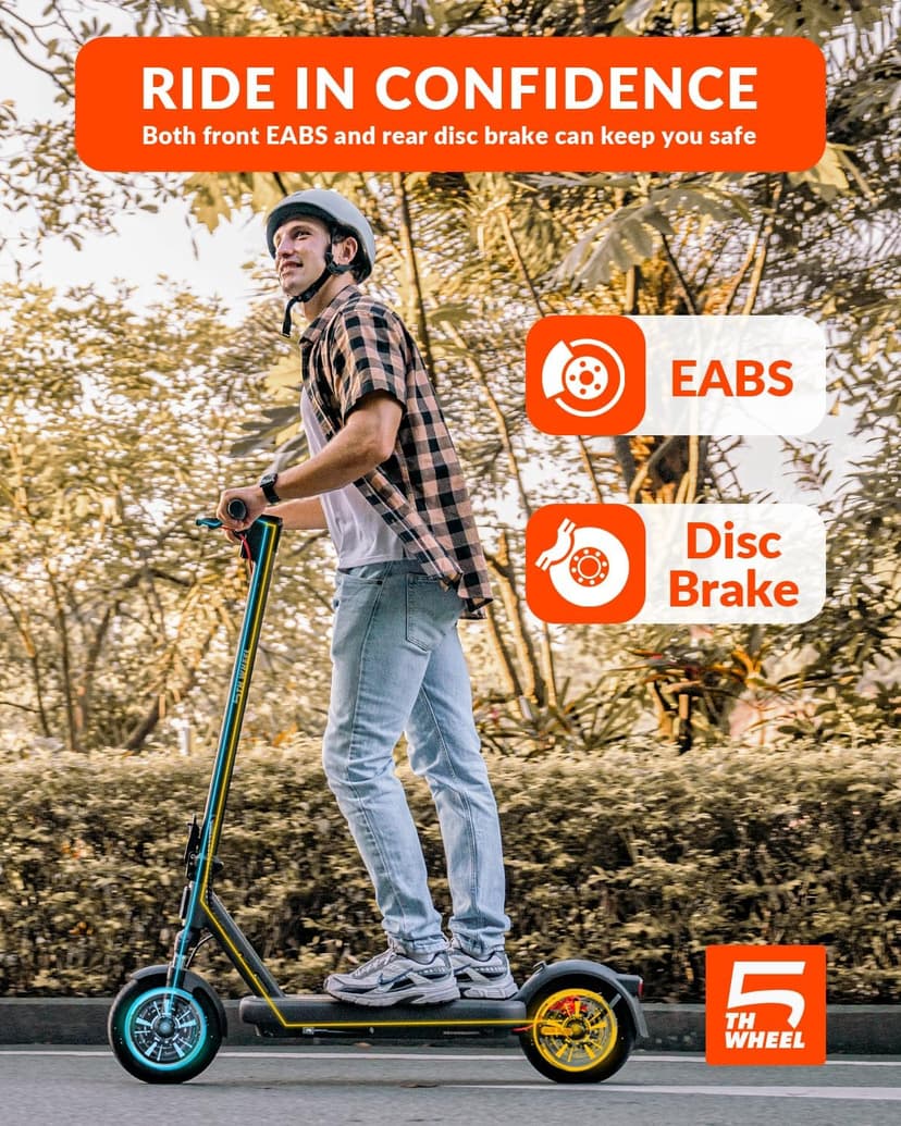 5TH Wheel V40 PRO Electric Scooters, 48V 800W Peak Motor & 20 MPH, 24.9 Miles Range, 10" Solid Tires, Front-N-Rear Suspension and Ambient Light, Folding Sport Scooters with Dual Brake System and APP