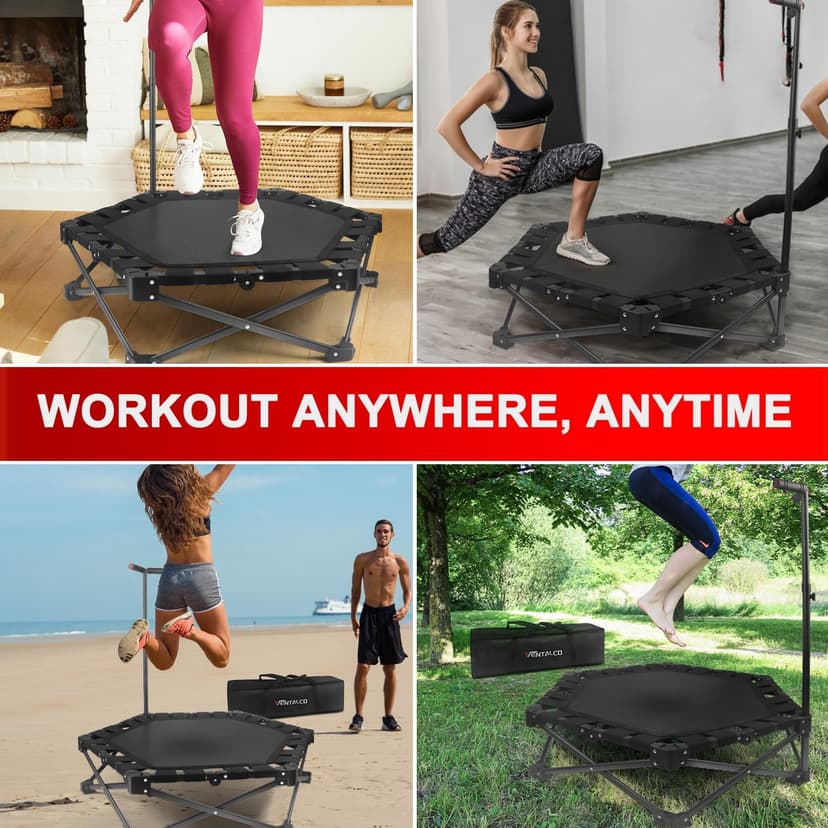 Foldable Mini Trampoline — One-Step Fold & Open, 42" Rebounder Trampoline for Adults & Kids, 450lbs Max Load, Adjustable T-Bar, Indoor & Outdoor Workout