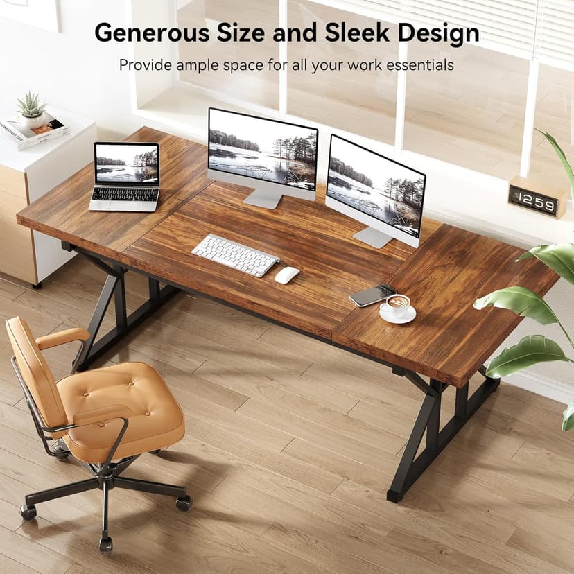 LITTLE TREE 70.8-Inch Office Desk, Wooden Executive Office Desk, Modern Work Desk, Large Farmhouse Writing Table Computer Desk for Home, Brown-Black