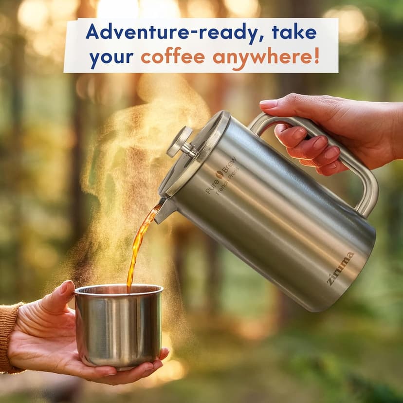 Ziruma Non-Toxic French Press Coffee Maker 316 Surgical Grade Stainless Steel, 34 Oz, 100% Plastic Free Coffee Press, Portable Press, 4 Layer Filter, Double Wall Insulated French Press