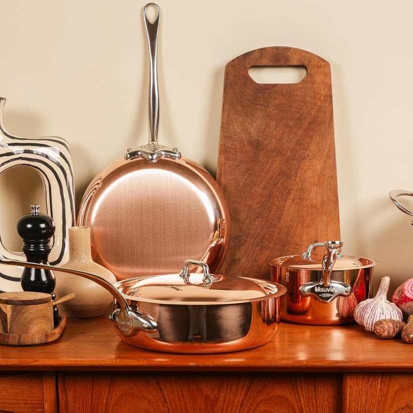 Mauviel M'Heritage 150 S 1.5mm Polished Copper & Stainless Steel 14-Piece Cookware Set With Cast Stainless Steel Handles And Curved Lid, Made In France